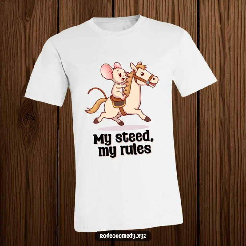 Funny t-shirt depicting a determined mouse bravely riding a toy horse, celebrating a triumphant victory, full of courage.
