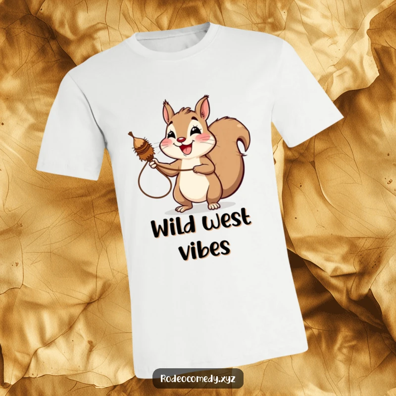 Funny squirrel T-shirt, cheerfully lassoing a wild tumbleweed with a big, mischievous grin. A hilarious outdoor adventure.