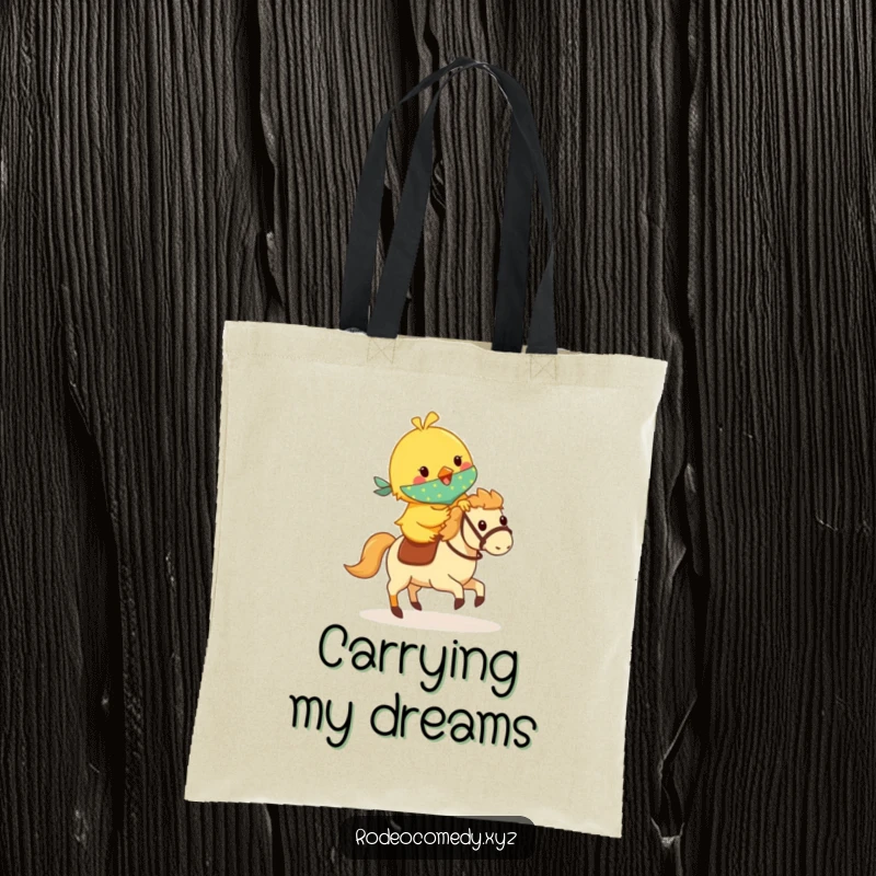 Funny yellow chick in a bandana, riding a small galloping hobby horse, on a durable tote bag for carrying smiles and essentials.